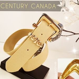 80's-90's Century Canada🌞Gold Buckle Pastel Yellow Fabric Belt